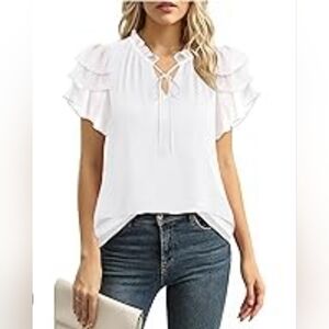 *NWT*  1.STATE White Flutter Sleeve Tie Neck Blouse, Size M